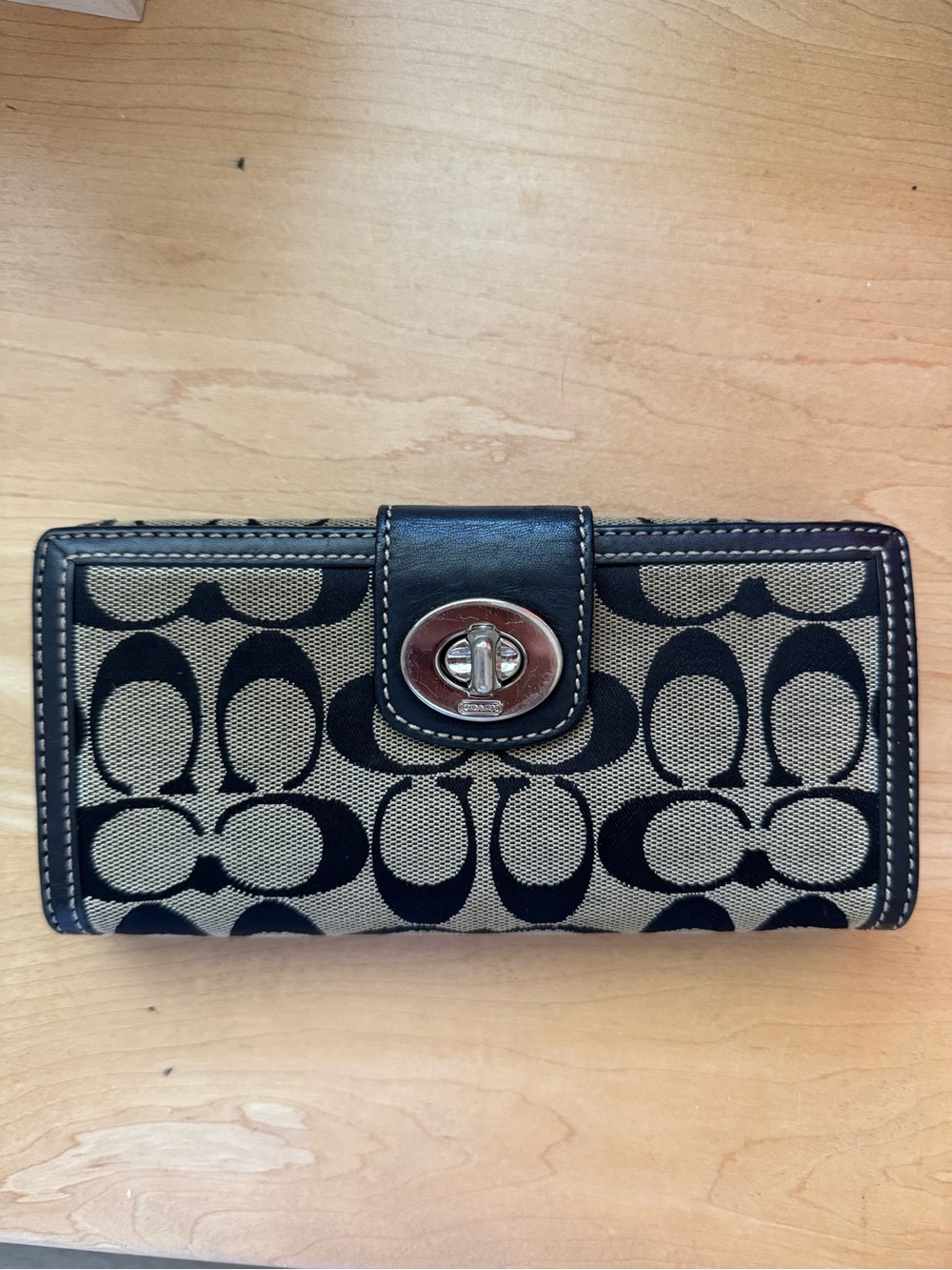 Coach Signature Canvas Wallet in Black and Tan with Turnlock